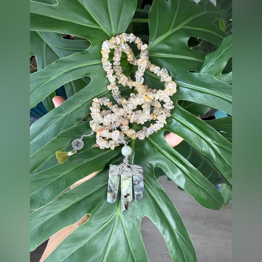 Golden Rutile Quartz Necklace with Prehnite Pendant